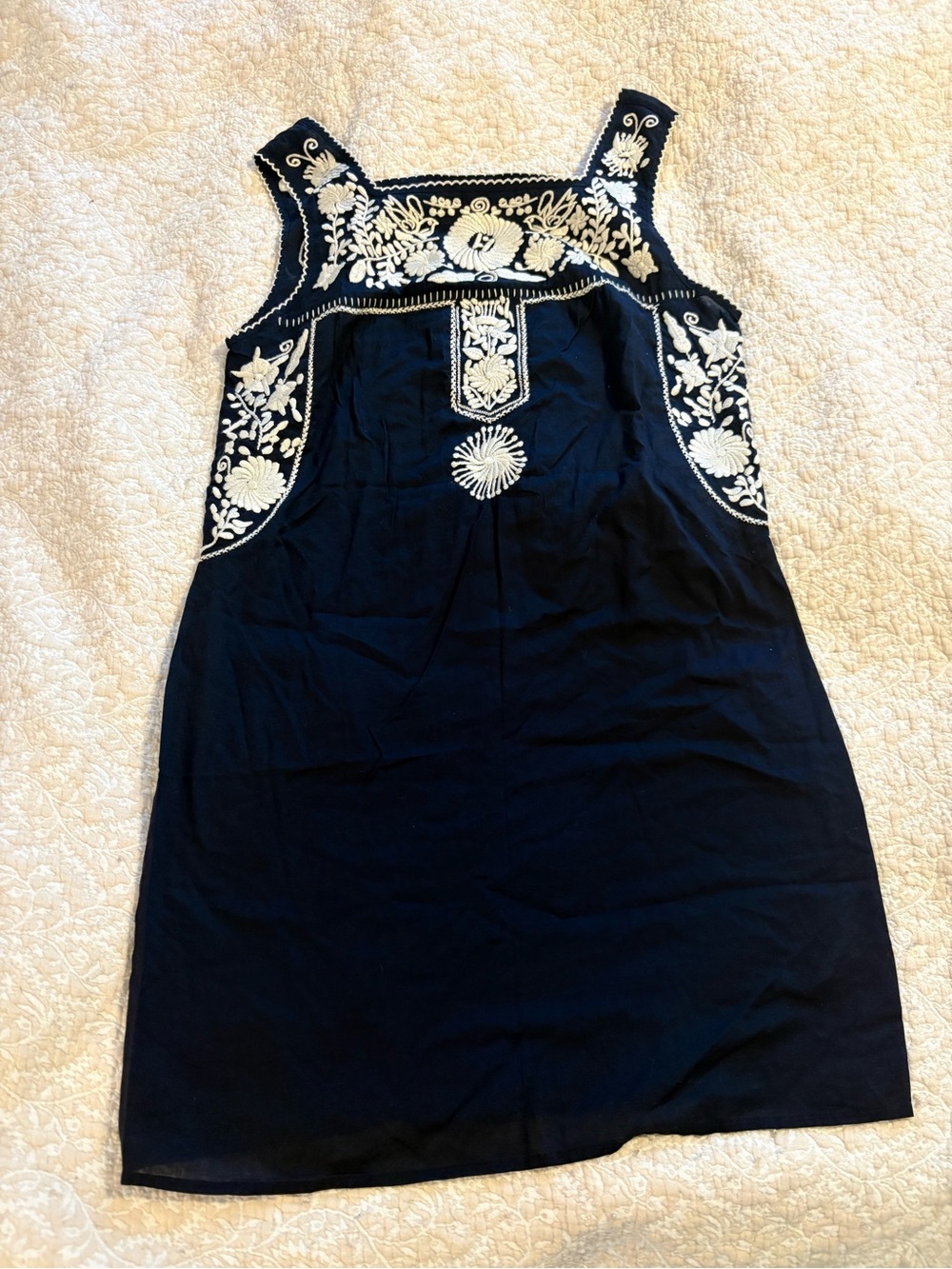 Tory Burch Navy Dress with Cream Floral Embroidery